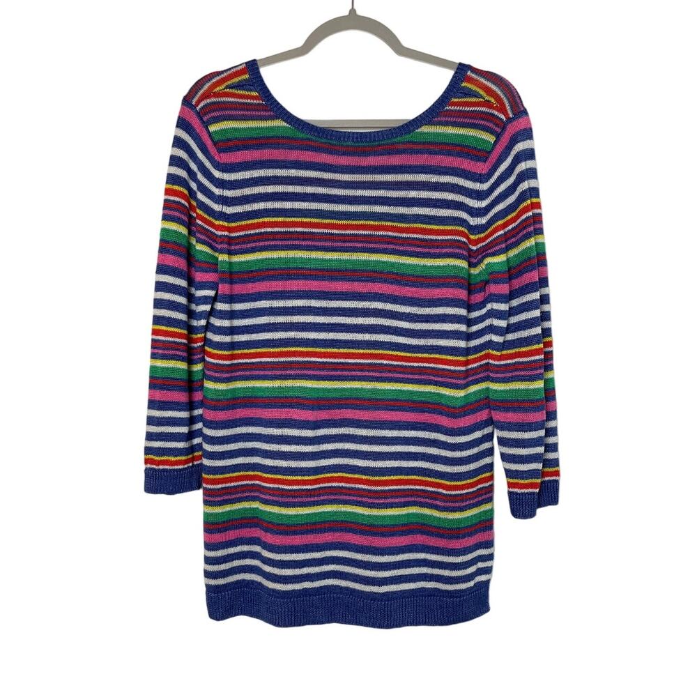 Talbots Rainbow Striped 3/4 Sleeve Linen Sweater Size L Coastal Beachy Light